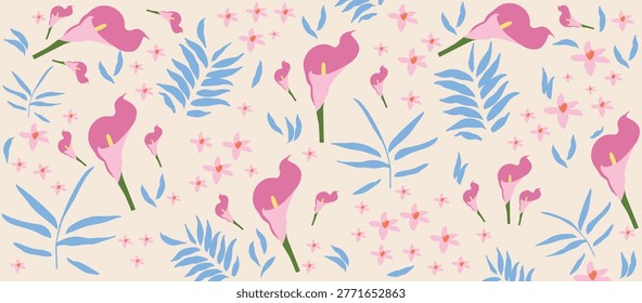 Seamless Vector Floral Pattern with Elegant Pink Calla Lilies and Abstract White Leaves on Soft Pastel Background for Textile and Wallpaper Design