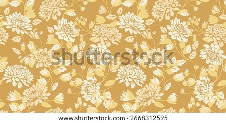 Seamless vector floral pattern with elegant chrysanthemums in beige and cream tones on a warm golden background. Vintage botanical design for fabric, wallpaper, and decor
