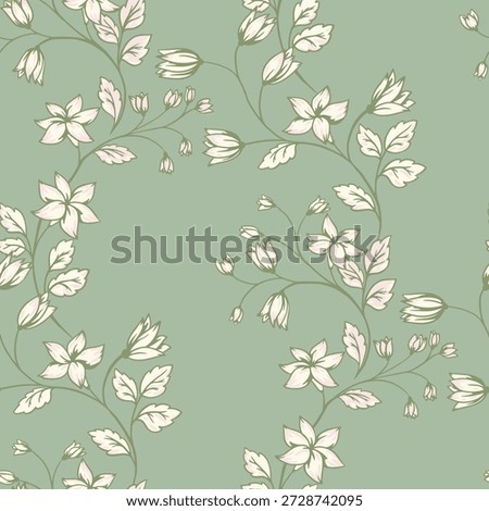 Seamless vector floral pattern with elegant wildflower branches, soft pastel blossoms and leaves. Vintage botanical design on muted green background, ideal for textiles, wallpaper, decor
