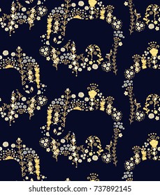 Seamless vector floral pattern with elephants on dark background