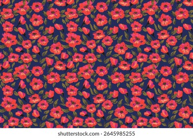 Padrão floral de vetor sem costura com flores expressivas de pincelada vermelha em um fundo marinho profundo. Artístico e negrito, modelo para tecido, design de moda e impressões de superfície
