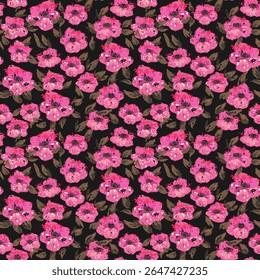 Seamless vector floral pattern with expressive watercolor style pink poppies and green leaves on a black background. Template for textiles, wrapping paper, fashion, decor