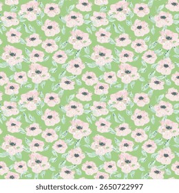 Seamless vector floral pattern with expressive watercolor style poppies and leaves on a pastel green, mint background. Template for textiles, wrapping paper, spring fashion, home decor