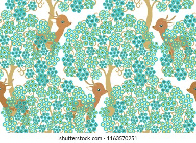 Seamless vector floral pattern with fawn deer,  baby deer