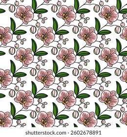 A seamless vector floral pattern featuring pink orchids and green leaves on a white background. The design includes delicate buds and blossoms, creating a vibrant and fresh look.