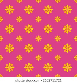 Um padrão floral vetor sem costura com flores estilizadas amarelas com pétalas geométricas em um fundo rosa vivo. O design é brilhante, brincalhão, e ideia para embrulho de presente, têxtil e artigos de papelaria