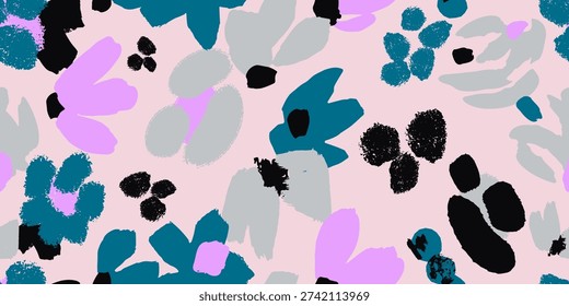 Seamless vector floral pattern featuring teal, purple, and charcoal blooms against a soft pink backdrop in a modern, hand-painted style. Ideal for textile design, home decor, and creative projects seeking bold contrast and contemporary organic charm