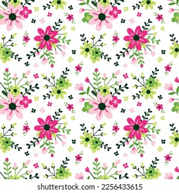  Seamless vector floral pattern in flat style on white background. Ornament for fabric and wrapping paper with pink, green and yellow small flowers