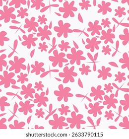 Seamless vector floral pattern in flat style on brown background. Ornament for fabric and wrapping paper with pink, green and yellow small flowers