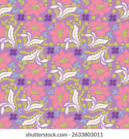 Seamless vector floral pattern in flat style on brown background. Ornament for fabric and wrapping paper with pink, green and yellow small flowers