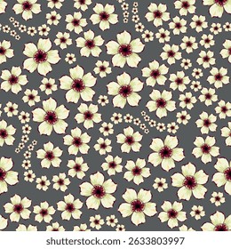 Seamless vector floral pattern in flat style on brown background. Ornament for fabric and wrapping paper with pink, green and yellow small flowers