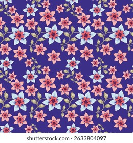 Seamless vector floral pattern in flat style on brown background. Ornament for fabric and wrapping paper with pink, green and yellow small flowers