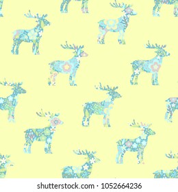 Seamless vector floral pattern with florl deers on lemon - yellow backgorund