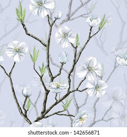 Seamless vector floral pattern with flowering cherry tree