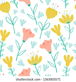 Seamless vector floral pattern with flowers and leaves. Summer and spring background illustration in doodle style
