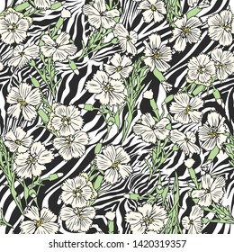 Seamless vector floral pattern. Flowers field on zebra print. Trendy animal motif with chamomiles wallpaper. Fashionable background for fabric, textile, design, banner, cover.