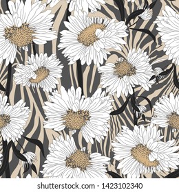 Seamless vector floral pattern. Flowers field on zebra print. Trendy animal motif with chamomiles wallpaper. Fashionable background for fabric, textile, design, banner, cover.