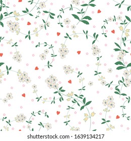 Seamless Vector Floral pattern with flowers and hearts for decoration, print, fabric