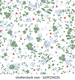 Seamless Vector Floral pattern with flowers and hearts for decoration, print, fabric