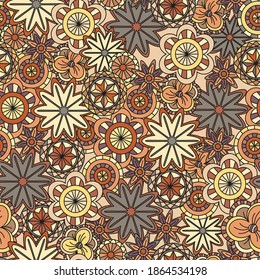 seamless vector floral pattern with flowers and circles in brown tones
