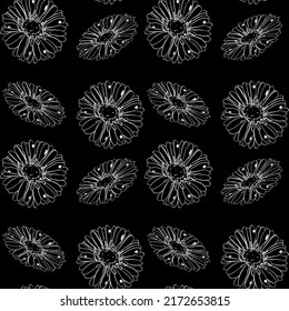 Seamless vector floral pattern with flowers of gerbera on a black background in doodle technique 