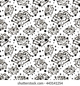 Seamless vector floral pattern with flowers. Hand drawn black and white background with rose and dots. Inc painting. Series of Hand Drawn Seamless Patterns. 
