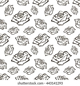 Seamless vector floral pattern with flowers. Hand drawn black and white background with rose. Inc painting. Series of Hand Drawn Seamless Patterns. 