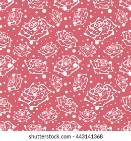 Seamless vector floral pattern with flowers. Hand drawn pink background with rose and dots. Inc painting. Series of Hand Drawn Seamless Patterns. 