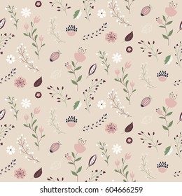 Seamless vector floral pattern with flowers, leaves and branches