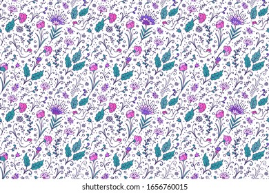 Seamless vector  floral pattern, flying birds, violet- pink flowers on white background