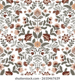 Seamless vector floral pattern in folk style on a white background, inspired by 2025 color trends. Ideal for textiles, packaging, wallpapers, and stylish modern creative design projects.