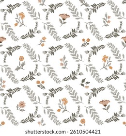 Seamless vector floral pattern in folk style on a white background, inspired by 2025 color trends. Ideal for textiles, packaging, wallpapers, and stylish modern creative design projects