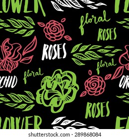 Seamless vector floral pattern, freehand drawing - flowers and leafs, calligraphy
