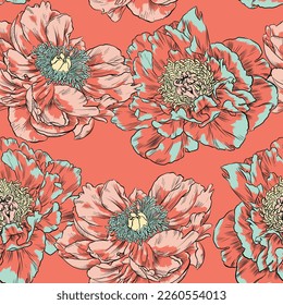Seamless vector floral pattern with garden peonies flowers in red and green colours.