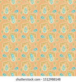 Seamless vector floral pattern, golden- turquosie pastel palette