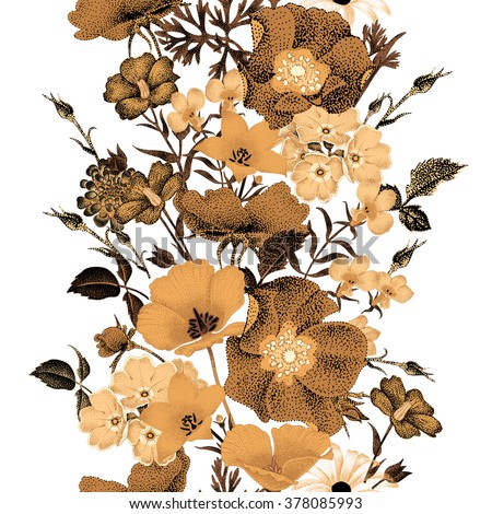 Seamless vector floral pattern golden flowers on a white background. Illustration of garden flowers roses, bluebells, daisies, primroses. Composition in the oriental style. Vintage.