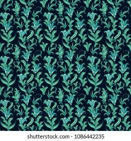 Seamless vector floral pattern with green- mint ivy plants on dark background
