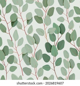 Seamless vector floral pattern. Green leaves and branches eucalyptus on green background. Hand painted Floral illustration. tropical greenery branches background. Forest leaves