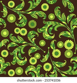 Seamless vector floral pattern with green fantasy plants and flowers, pattern can be used for wallpaper, pattern fills, web page background, surface textures 