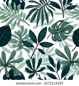 
Seamless vector floral pattern with green leaves of tropical plants on a white background.