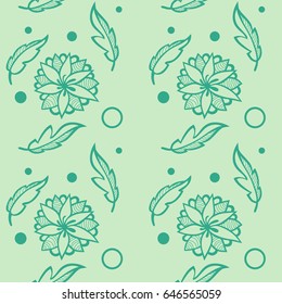 A seamless vector floral pattern. With green flowers and leaves, and polka dot.