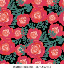 Seamless vector floral pattern with hand painted roses in red hues, complemented by lush green leaves on a black background. Perfect for fabric, wallpapers, packaging, stationery, branding
