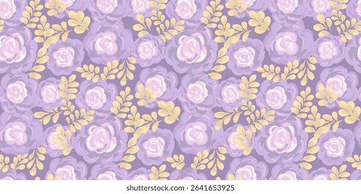 Seamless vector floral pattern with hand painted purple roses and yellow leaves on a pastel violet background. Artistic brushstroke style, perfect for textiles, wallpapers, invitations, fashion