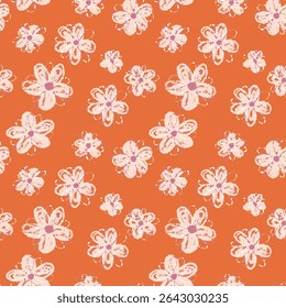 Seamless vector floral pattern with hand drawn daisies and centers on a orange background. Playful design for textiles, kids products, prints, and summer themes