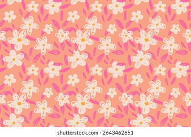 Seamless vector floral pattern with hand drawn flowers and leaves on a orange background. Playful and artistic design for fabric, packaging, and stationery