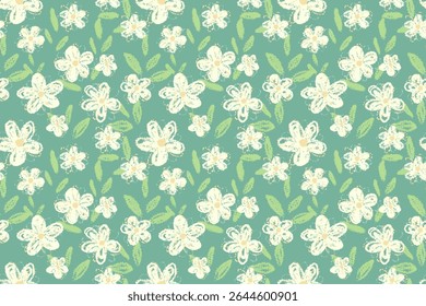 Seamless vector floral pattern with hand drawn flowers and green leaves on a soft mint background. Delicate, pastel design for textiles, wrapping paper, and stationery