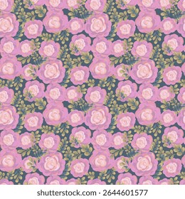 Padrão floral de vetor sem costura com rosas cor-de-rosa pintadas à mão e folhas verdes sobre um fundo azul silenciado. Elegante estilo pincelada, perfeito para têxteis, papel de parede, envoltório de presente, moda, decoração