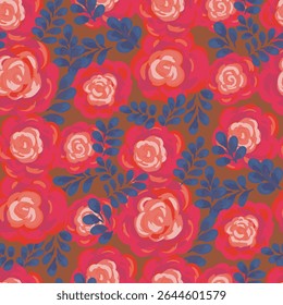 Padrão floral de vetor sem costura com rosas pintadas à mão em tons vermelhos, complementado por exuberantes folhas azuis em um fundo marrom. Perfeito para tecido, papéis de parede, embalagem, papelaria, branding