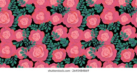 Seamless vector floral pattern with hand painted red roses and green leaves on a black background. Artistic brushstroke style, perfect for textiles, wallpapers, invitations, fashion, decorative design
