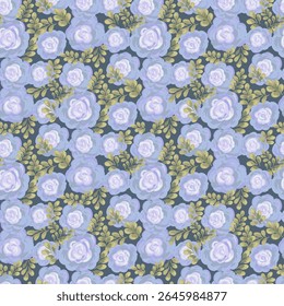 Padrão floral de vetor sem costura com rosas azuis pintadas à mão e folhas verdes em um fundo profundo. Elegante estilo pincelada, perfeito para têxteis, papel de parede, envoltório de presente, moda, decoração